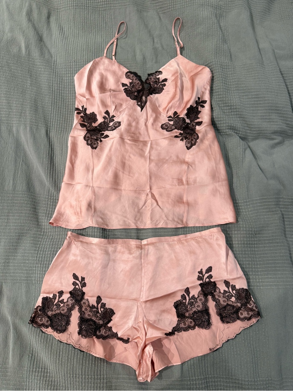 Josie Natori Silk Pink Lace Appliqué Cami & Short Set